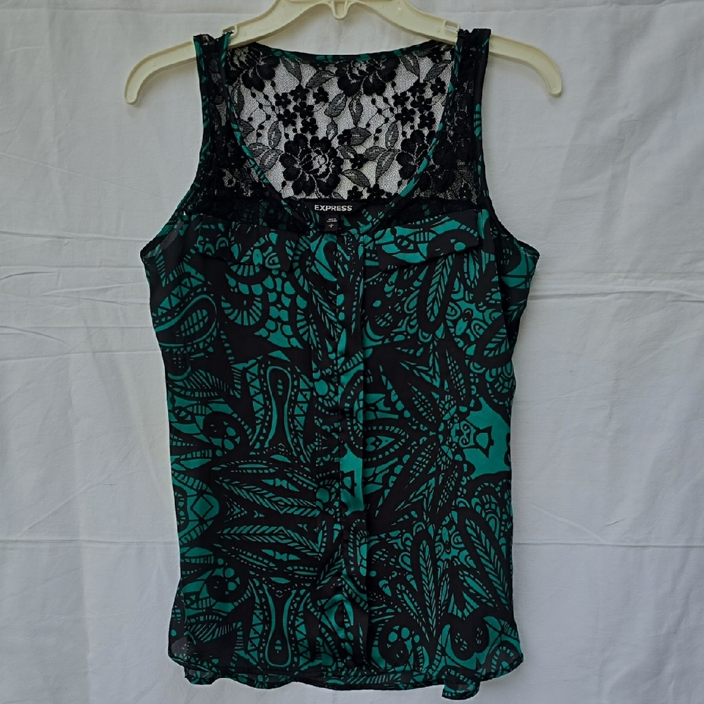 Express Women's Black and Teal Patterned Tank Top